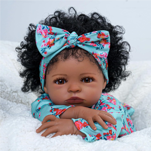 ADFO Lifelike Reborn Baby Dolls, 18 inch Realistic Black Girl Newborn Real Life Baby Girl Dolls Soft Vinyl Baby Dolls with Clothes and Toy Gift for Kids Age 3+