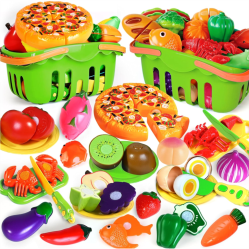 BAODLON 100 PCS Cutting Play Food Toy for Kids Kitchen, Pretend Food Kitchen Toys Accessories with 2 Baskets, Fake Food/Fruit/Vegetable, Christmas Birthday Gifts for 2 3 4 5 Years Old Todd