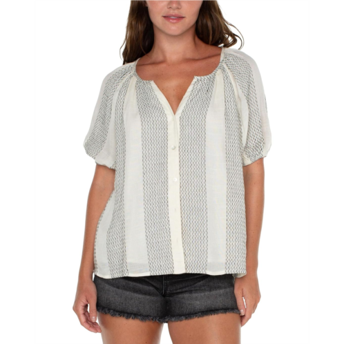 Womens Liverpool Los Angeles Puff Sleeve Button Front Shirred Woven Top