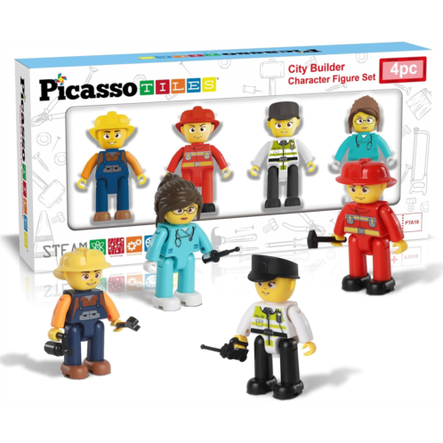 PicassoTiles Picasso Toys Magnetic Action Figures 4 Piece City Builder Character for Magnet Building Block Tiles Expansion Pack Construction Toddler Toy Educational STEM Learning Pretend Playse