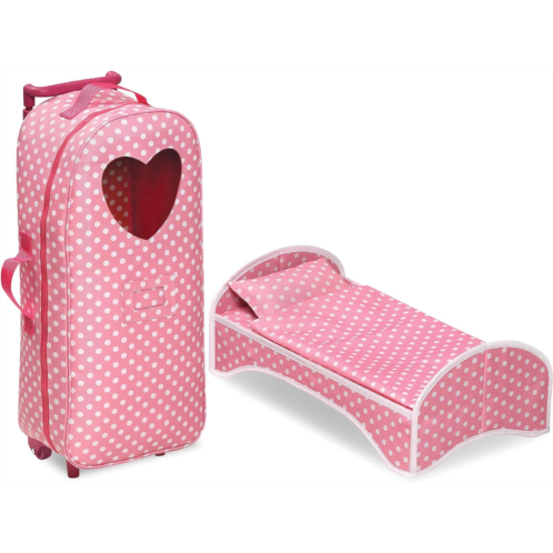 Badger Basket Toy 3-in-1 Doll Trolley Travel Carrier with Rocking Bed and Bedding for 18 inch Dolls - Pink/Polka Dot