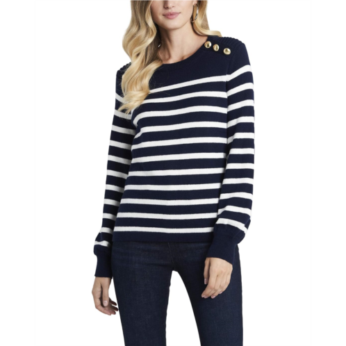 1.STATE Crew Neck Stripe Sweater with Buttons