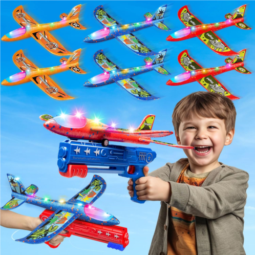Bigdream 6 Pack LED Airplane Launcher Toys with 2 Launchers, 2 Flight Mode Glider Catapult Plane with Stickers, Flying Outdoor Toys for 3 4 5 6 7 8 9 10 11 12 Year Old Kids Boys Girls Birth