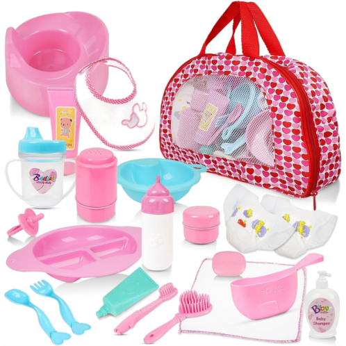 Generic 22-Piece Baby Doll Accessories Set with Carrying Case - Includes Bottle, Sippy Cup, Pacifier, Bib, Hair Brush, Plates and More, Perfect for Kids, Toddlers, and Girls-01