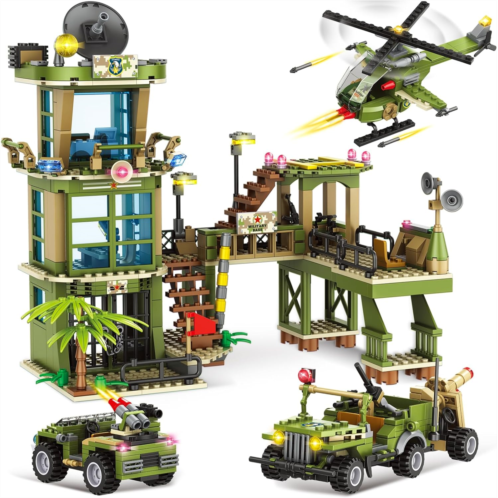 WishaLife City War Military Base Army Toys - Building Block Sets for 6 7 8 9 10 11 12-Year-Old Boys, Includes Army Vehicles, Military Helicopter, Fun Roleplay Military Toys Gifts for Kids Ag