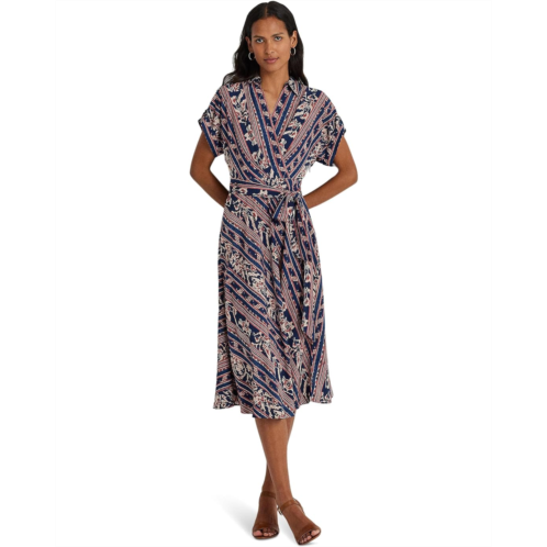 POLO RALPH LAUREN Womens Lauren Ralph Lauren Geo-Stripe Belted Crepe Dress