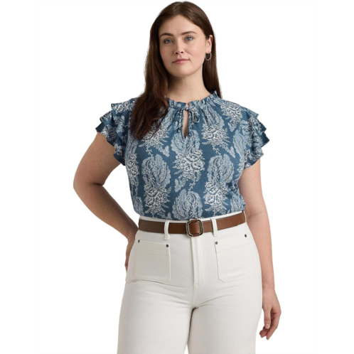 POLO RALPH LAUREN Womens Lauren Ralph Lauren Plus-Size Floral Linen-Blend Jersey Tie-Neck Top