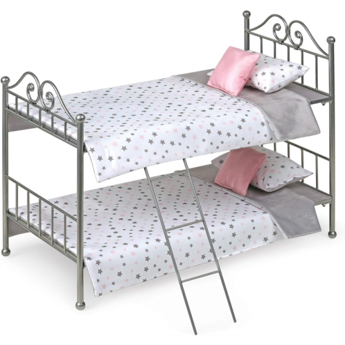 Badger Basket Toy Scrollwork Metal Doll Bunk Bed with Ladder and Bedding for 18 inch Dolls - Silver/Pink/Stars