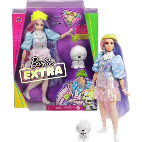 Barbie Extra Doll #2 in Shimmery Look with Pet Puppy, Pink & Purple Fantasy Hair, Layered Outfit & Accessories Including Neon Beanie, Multiple Flexible Joints, For Kids 3 Years Old