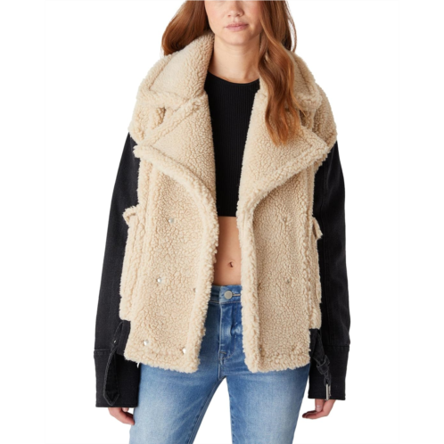 Womens Blank NYC Oversized Faux Sherpa Jacket With Denim Sleeves