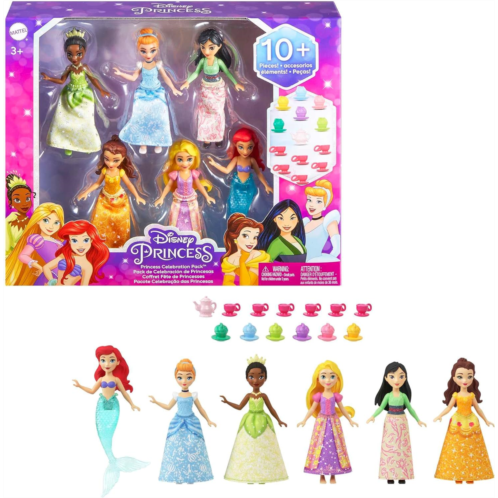 Mattel Disney Princess Small Doll Party Set with 6 Posable Princess Dolls in Sparkling Clothing and 13 Tea Time Accessories