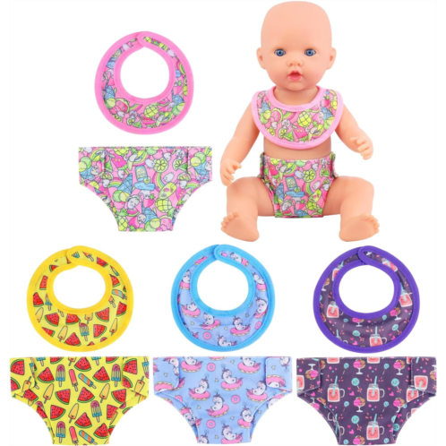 UNICORN ELEMENT 8Pcs Baby Doll Accessories, Including 4 Pack Doll Diapers Underwear and 4 Pack Doll Bibs with Cartoon Fruit Ice Cream Pattern for 14-18 Inch Baby Dolls