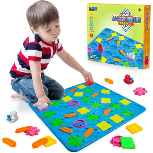 Power Your Fun Jumbo Maze Builder Track Set- 46pc Logical Road Builder Puzzle Board Game, Building STEM Toys, 206 Brain Games Puzzles for Kids, 21” Car Track Playset, Learning Game