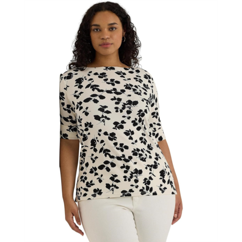 POLO RALPH LAUREN Womens Lauren Ralph Lauren Plus-Size Leaf-Print Stretch Cotton Boatneck Tee