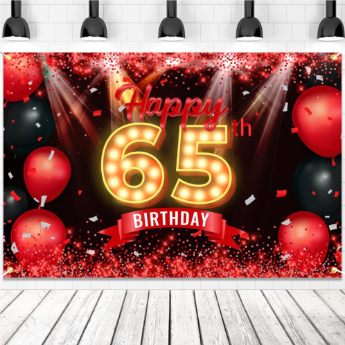 NC Happy 65th Birthday Banner Backdrop Red and Black 65 Years Old Background Bday Decorations for Women Men Photography Party Supplies Glitter