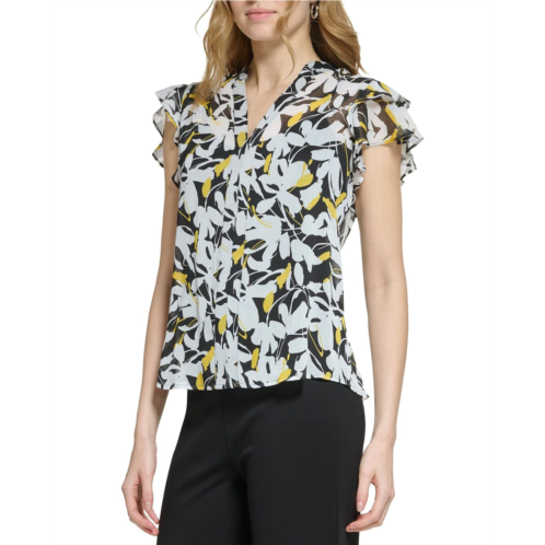 DKNY Short Sleeve Button Front Pleated Blouse