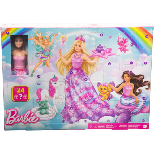 Barbie Dreamtopia Doll & Advent Calendar, 24 Surprises Include Accessories, Mermaid & Fairy Clothes, Unicorn & Dragon Pets