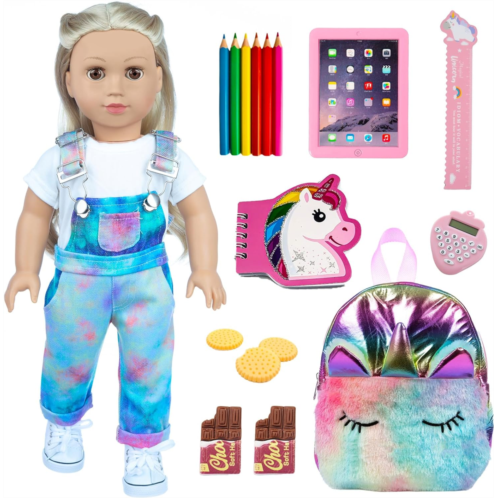 DONTNO American 18 Inch Doll Accessories, Cute School Supplies Set for 18 Inch Doll- Doll Clothes, Denim Suspenders, Doll Bag, Pencil, Ruler, American Doll for Kids