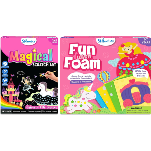 Skillmatics Fun with Foam & Magical Scratch Art Book Unicorns & Princesses Theme Bundle, Art & Craft Kits, DIY Activities for Kids, Gifts for Ages 3 and Up