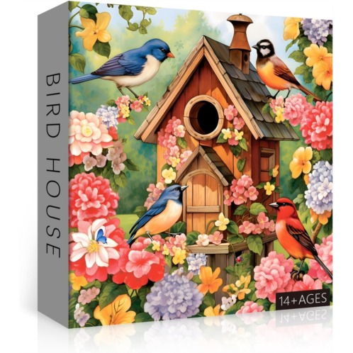 PICKFORU Bird Puzzle for Adults 1000 Pieces, Garden Birdhouse Jigsaw Puzzle Feature Colorful Flowers and Birds, Birds Theme Puzzles as Bird Lover Gifts