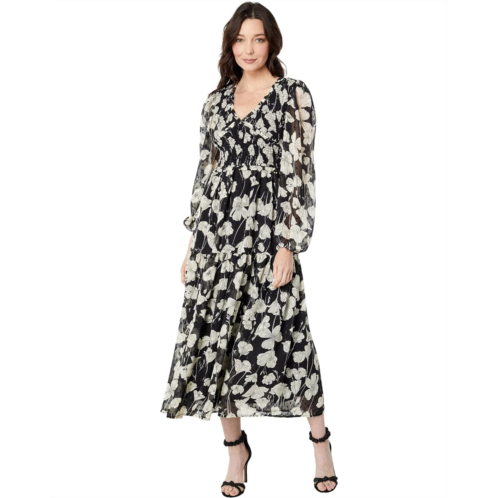 MOON RIVER Floral Smocked V-Neck Midi Dress