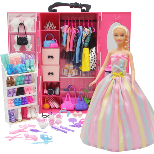 NOKUTIP 161 PCS 11.5 Inch Girl Doll Closet Wardrobe with Clothes and Accessories Including Wardrobe Shoes Rack Clothes Dress Swimsuits Shoes Hangers Crown Necklace and Other Access