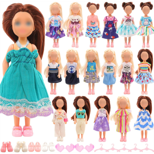 Miunana 12 PCS 5.3 Inch Girl Doll Clothes Dress Outfits and Shoes for Girl Doll Clothing with 2 Pairs of Shoes for 4-6 Inch Girl Dolls Clothes and Accessories Doll Top and Pants