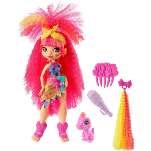 Mattel Cave Club Emberly Doll (8 ? 10-inch, Pink Hair) Poseable Prehistoric Fashion Doll with Dinosaur Pet and Accessories, Gift for 4 Year Olds and Up [Amazon Exclusive]