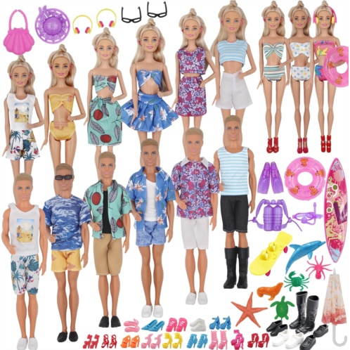 ZTWEDEN 89Pcs Doll Clothes and Accessories for 12 Inch Boy Doll and 11.5 Inch Girl Doll Includes 32 Seaside Wear Clothes Bikini Marine Animal Surfboard Diving Swimming Sets 19 Pair