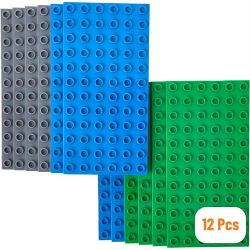 Strictly Briks Toy Building Block, Big Briks Stackable Baseplates for Towers, Shelves, and More, 100% Compatible with All Major Brands, Blue, Green & Gray, 12 Pack, 7.5x3.75 Inches