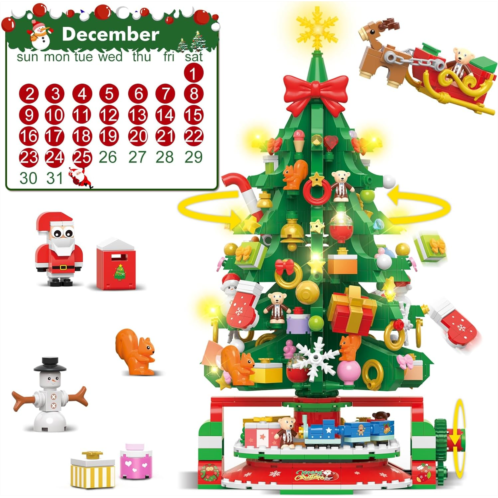 HOGOKIDS 2024 Rotating Christmas Tree Mini Building Set with LED Light, 24 Days Christmas Countdown Building Blocks with Santa Snowman and Train, XMas Gift for Adults Kids 8+(1145P