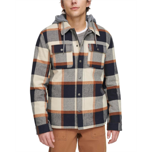 Mens Levis Washed Cotton Shirt Jacket with A Jersey Hood and Sherpa Lining