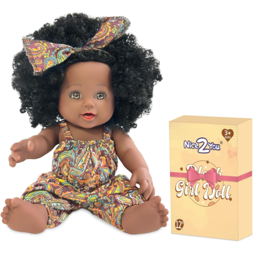 Nice2you 12 Black Baby Doll, African American Black Dolls for Girls 1 2 3 4 5 Years Old, 12-inch Realistic Reborn Baby Doll with Curly Hair for Toddler 1-3, Small Baby Doll Toy f