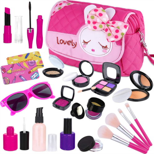 GINMIC Kids Makeup Kit - Pretend Play Makeup Set Toys with Pink Princess Purse & Sunglasses for Girls 3-10 Year Old - Including Brushes, Eye Shadows, Lipstick