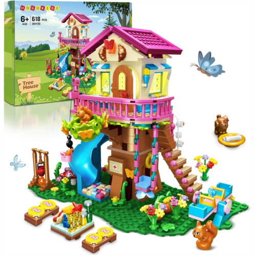 HOGOKIDS Tree House Building Set with LED Light - 622pcs Treehouse Building Blocks Toys, Forest Up House Building Kit with Slide, Birthday Gifts for Kids Girls Boys Age 6 7 8 9 10