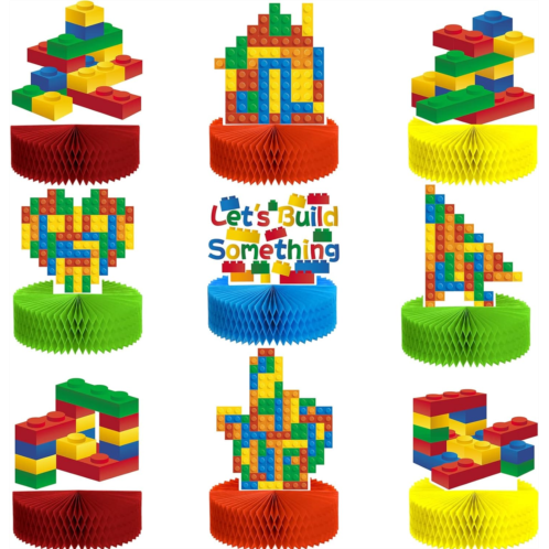 Chinco 9 Pieces Building Block Birthday Party Supplies Building Block Honeycomb Centerpieces Boy Girl Birthday Party Decorations Brick Themed Table Centerpiece Classic Cake Topper Table D