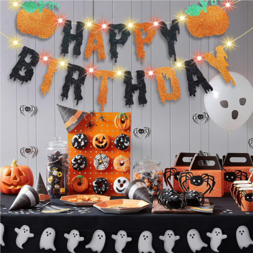 Varkululx Halloween Happy Birthday Banner Decorations LED Lights Included Wall Decor Indoor for Halloween Party, Glitter Halloween Garland with Pumpkin for Home Decor