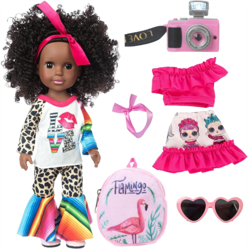XFEYUE Black Doll 14.5 inch Baby Girl Doll Clothes and Accessories African American Doll Washable Realistic Silicone Girl Doll-with Glasses, Camera and Backpack. Best Gift for Kids