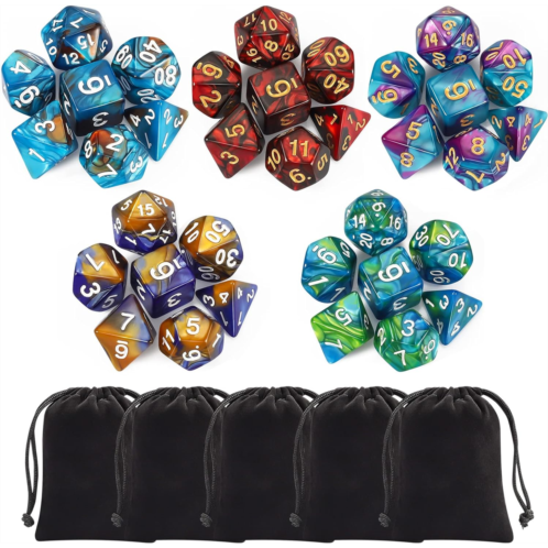 CiaraQ Polyhedral Dice Set (35 Pieces) with Black Pouches, 5 Complete Double-Colors Dice Sets of D4 D6 D8 D10 D% D12 D20 Compatible with Dungeons and Dragons DND RPG MTG Table Game