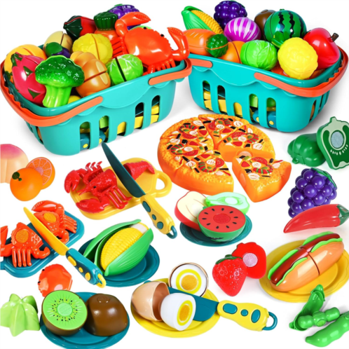 Shemira 100 PCS Cutting Play Food Toy for Kids Kitchen, Pretend Food Toys for Toddlers, Play Kitchen Toys Accessories with 2 Baskets, Fake Food/Fruit/Vegetable, Birthday Gifts for 2 3 4 5