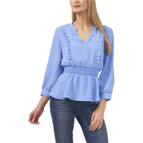 CeCe Long Sleeve Split-Neck Chiffon Blouse w/ Ruffles