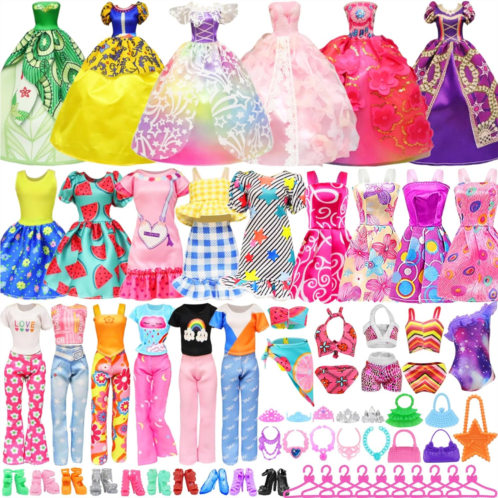 Ecore Fun 48 pcs Doll Clothes and Accessories for 11.5 Inch Doll - 2 Princess Dresses 7 Fashion Dresses 2 Outfits 2 Swimsuits 10 Shoes 5 Crowns 5 Necklaces 5 Handbags 10 Hangers Ac