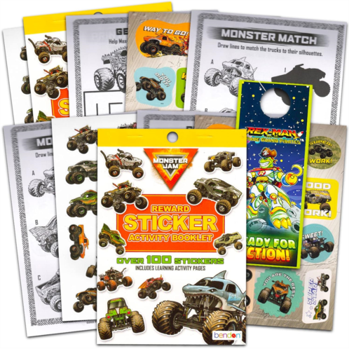 Beach Kids Monster Jam Sticker Book Pack ~ Bundle with Over 200 Monster Jam Monster Truck Reward Stickers with Door Hanger (Monster Jam Sticker Sheets Party Favors for Kids)