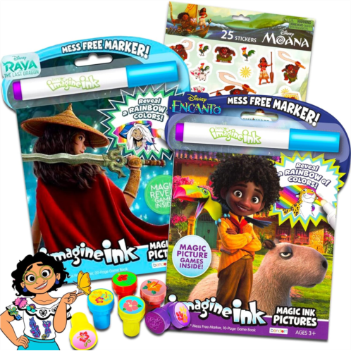 Bendon Disney Encanto and Raya and the Last Dragon Magic Ink Coloring Book Set Kids Toddlers - 2 Imagine Ink Coloring Books with Invisible Ink Pens, Moana Stickers, and Stampers