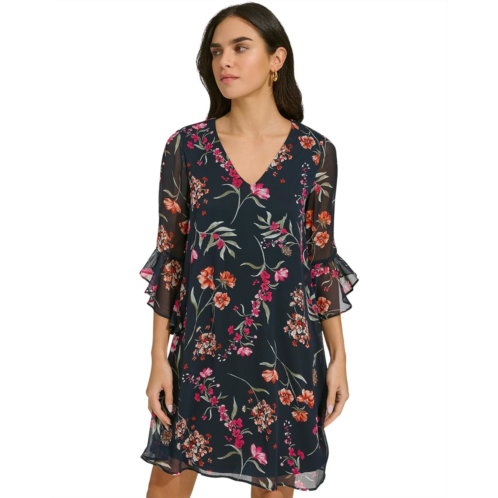 Womens Calvin Klein Short Chiffon Dress with Bell Sleeves