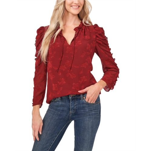 CeCe Long Sleeve Ruffled Floral Jacquard Blouse