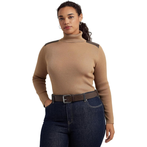 POLO RALPH LAUREN Plus Size Faux Leather Trim Ribbed Turtleneck