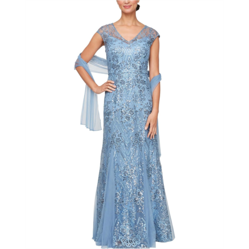 Womens Alex Evenings Long Embroidered Fit and Flare Gown