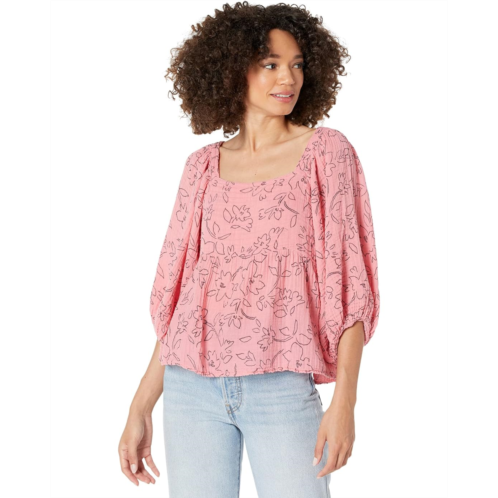 Michael Stars Patsy Linework Flora Square Neck Puff Sleeve Top in Double Gauze