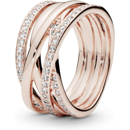 Pandora Sparkling & Polished Lines Entwined Ring - Rose Gold Ring for Women - Chic Cocktail Ring - Gift for Her - 14k Rose Gold-Plated Rose with Cubic Zirconia - Size 8.5